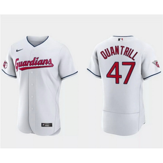 Men Cleveland Guardians 47 Cal Quantrill White Flex Base Stitched Jersey Men Cleveland Guardians 47 Cal Quantrill White Flex Base Stitched Jersey