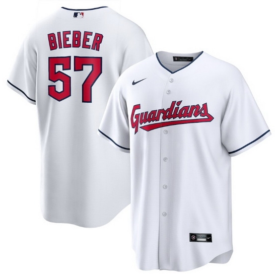 Men Cleveland Guardians 57 Shane Bieber White Cool Base Stitched Baseball jersey Men Cleveland Guardians 57 Shane Bieber White Cool Base Stitched Baseball jersey