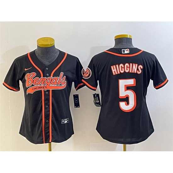 Women Cincinnati Bengals 5 Tee Higgins Black With Patch Cool Base Stitched Baseball Women Cincinnati Bengals 5 Tee Higgins Black With Patch Cool Base Stitched Baseball
