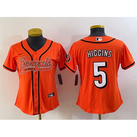 Women Cincinnati Bengals 5 Tee Higgins Orange With Patch Cool Base Stitched Baseball Women Cincinnati Bengals 5 Tee Higgins Orange With Patch Cool Base Stitched Baseball