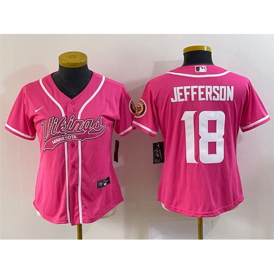 Women Minnesota Vikings 18 Justin Jefferson Pink With Patch Cool Base Stitched Baseball Jersey Run Small Women Minnesota Vikings 18 Justin Jefferson Pink With Patch Cool Base Stitched Baseball Jersey Run Small