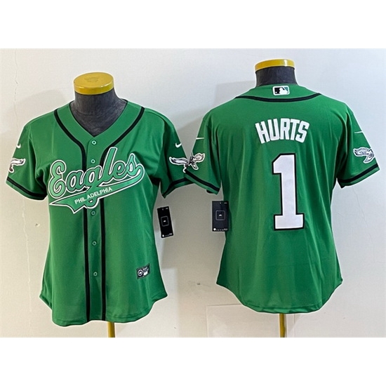 Women Philadelphia Eagles 1 Jalen Hurts Green Cool Base Stitched Baseball Jersey 28Run Small 29 Women Philadelphia Eagles 1 Jalen Hurts Green Cool Base Stitched Baseball Jersey 28Run Small 29