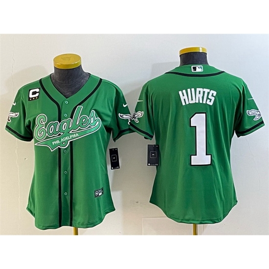 Women Philadelphia Eagles 1 Jalen Hurts Green With 3 Star C Patch Cool Base Stitched Baseball Jersey 28Run Small 29 Women Philadelphia Eagles 1 Jalen Hurts Green With 3 Star C Patch Cool Base Stitched Baseball Jersey 28Run Small 29