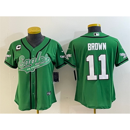 Women Philadelphia Eagles 11 A J Brown Green With 3 Star C Patch Cool Base Stitched Baseball Jersey 28Run Small 29 Women Philadelphia Eagles 11 A J Brown Green With 3 Star C Patch Cool Base Stitched Baseball Jersey 28Run Small 29