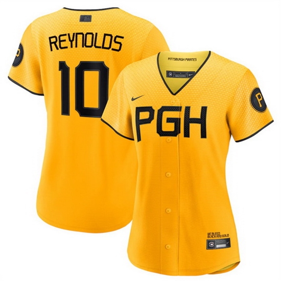 Women Pittsburgh Pirates 10 Bryan Reynolds Gold 2023 City Connect Stitched Jersey Women Pittsburgh Pirates 10 Bryan Reynolds Gold 2023 City Connect Stitched Jersey