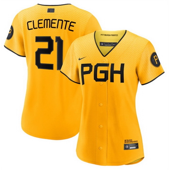 Women Pittsburgh Pirates 21 Roberto Clemente Gold 2023 Draft City Connect Stitched Jersey Women Pittsburgh Pirates 21 Roberto Clemente Gold 2023 Draft City Connect Stitched Jersey
