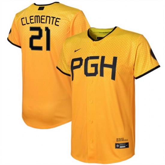 Youth Pittsburgh Pirates 21 Roberto Clemente Gold 2023 City Connect Stitched Jersey Youth Pittsburgh Pirates 21 Roberto Clemente Gold 2023 City Connect Stitched Jersey