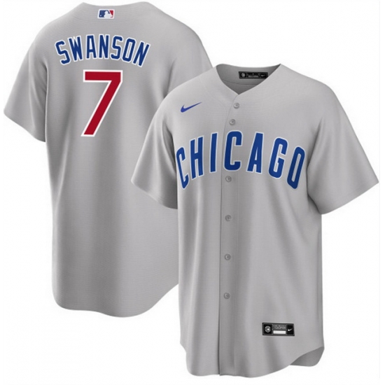 Men Chicago Cubs 7 Dansby Swanson Grey Cool Base Stitched Baseball Jersey Men Chicago Cubs 7 Dansby Swanson Grey Cool Base Stitched Baseball Jersey