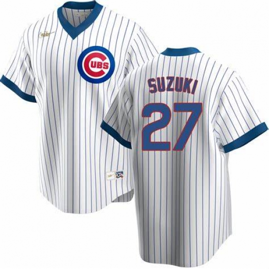 Mens Nike Chicago Cubs #27 Seiya Suzuki White Cooperstown Collection Road Stitched Baseball Jersey Mens Nike Chicago Cubs #27 Seiya Suzuki White Cooperstown Collection Road Stitched Baseball Jersey