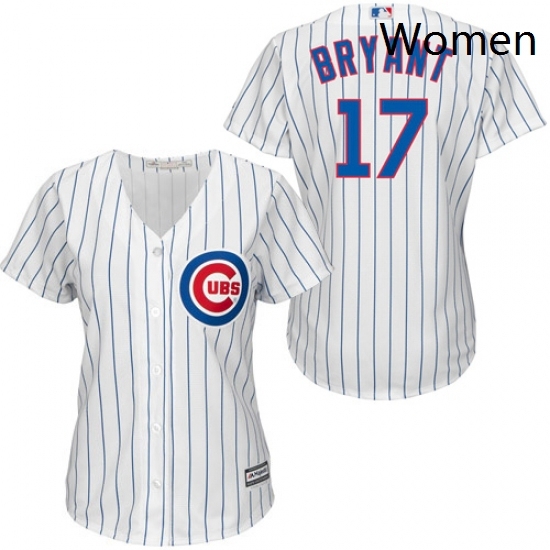 Womens Majestic Chicago Cubs 17 Kris Bryant Replica WhiteBlue Strip Fashion MLB Jersey Womens Majestic Chicago Cubs 17 Kris Bryant Replica WhiteBlue Strip Fashion MLB Jersey