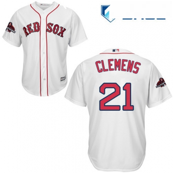 Youth Majestic Boston Red Sox 21 Roger Clemens Authentic White Home Cool Base 2018 World Series Champions MLB Jersey