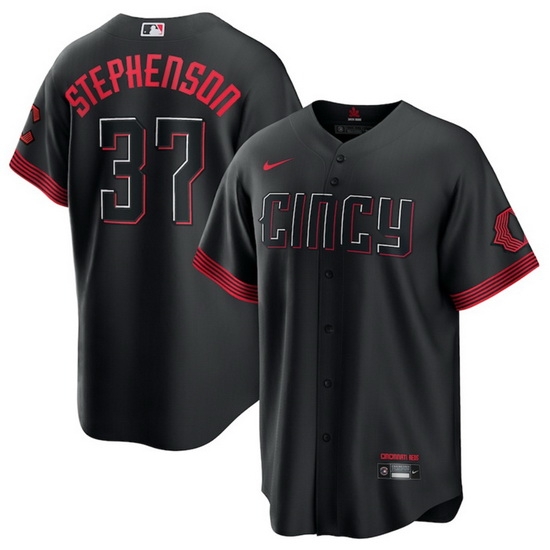 Men Cincinnati Reds 37 Tyler Stephenson Black 2023 City Connect Stitched Jersey Men Cincinnati Reds 37 Tyler Stephenson Black 2023 City Connect Stitched Jersey