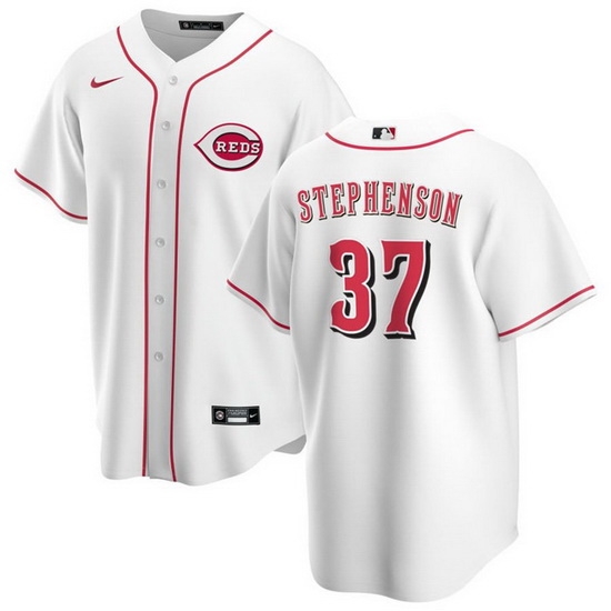 Men Cincinnati Reds 37 Tyler Stephenson White Cool Base Stitched Baseball Jersey Men Cincinnati Reds 37 Tyler Stephenson White Cool Base Stitched Baseball Jersey