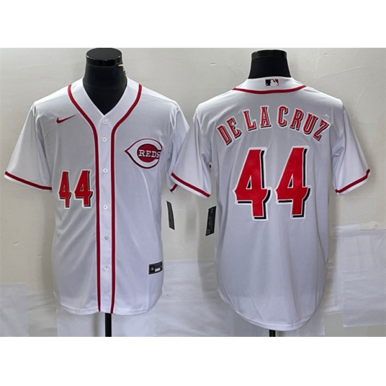 Men Cincinnati Reds 44 Elly De La Cruz Number White Cool Base Stitched Baseball Jersey1 Men Cincinnati Reds 44 Elly De La Cruz Number White Cool Base Stitched Baseball Jersey1
