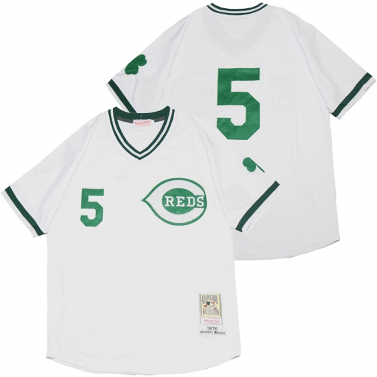 Men Cincinnati Reds 5 Johnny Bench White St Patrick Day Jersey Men Cincinnati Reds 5 Johnny Bench White St Patrick Day Jersey