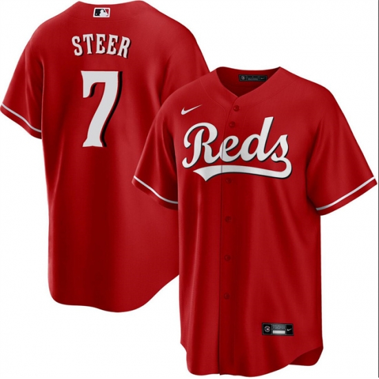 Men Cincinnati Reds 7 Spencer Steer Red Cool Base Stitched Baseball Jersey Men Cincinnati Reds 7 Spencer Steer Red Cool Base Stitched Baseball Jersey