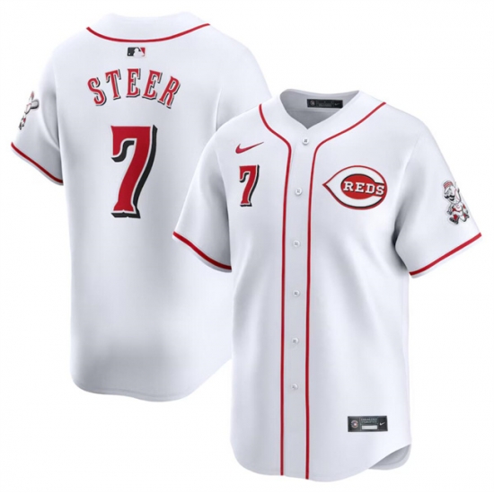 Men Cincinnati Reds 7 Spencer Steer White Home Limited Stitched Baseball Jersey Men Cincinnati Reds 7 Spencer Steer White Home Limited Stitched Baseball Jersey
