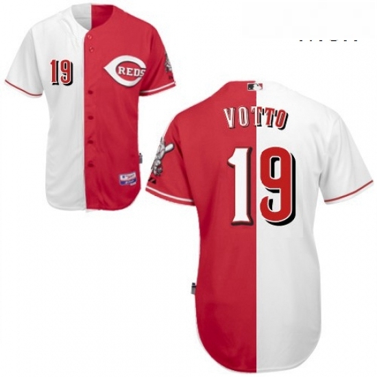 Mens Majestic Cincinnati Reds 19 Joey Votto Replica RedWhite Split Fashion MLB Jersey Mens Majestic Cincinnati Reds 19 Joey Votto Replica RedWhite Split Fashion MLB Jersey