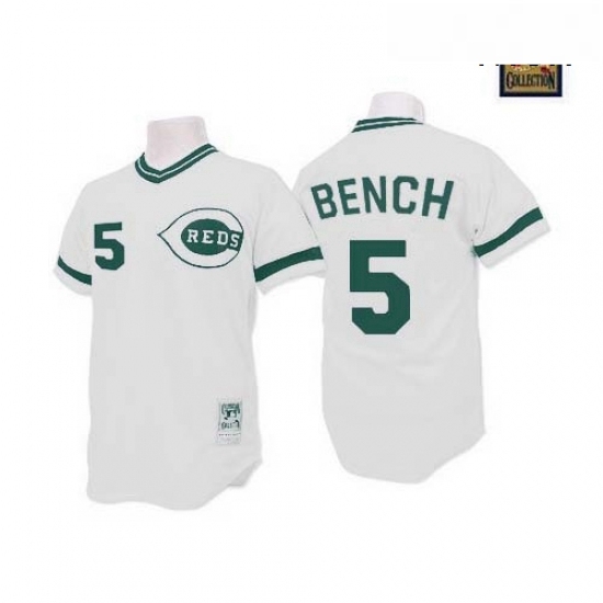 Mens Mitchell and Ness Cincinnati Reds 5 Johnny Bench Authentic WhiteGreen Patch Throwback MLB Jersey Mens Mitchell and Ness Cincinnati Reds 5 Johnny Bench Authentic WhiteGreen Patch Throwback MLB Jersey