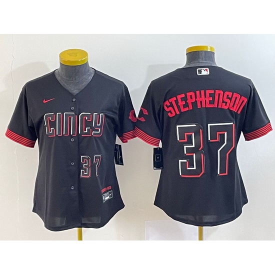 Women Cincinnati Reds 37 Tyler Stephenson Black 2023 City Connect With Patch Stitched Baseball Jersey Women Cincinnati Reds 37 Tyler Stephenson Black 2023 City Connect With Patch Stitched Baseball Jersey