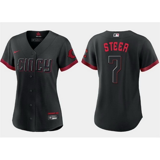 Women Cincinnati Reds 7 Spencer Steer Black 2023 City Connect Stitched Baseball Jersey Run Small Women Cincinnati Reds 7 Spencer Steer Black 2023 City Connect Stitched Baseball Jersey Run Small