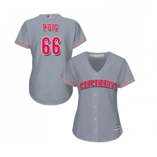 Womens Cincinnati Reds 66 Yasiel Puig Replica Grey Road Cool Base Baseball Jersey Womens Cincinnati Reds 66 Yasiel Puig Replica Grey Road Cool Base Baseball Jersey