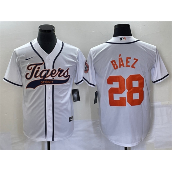 Men Detroit Tigers 28 Javier Baez White Cool Base Stitched Baseball Jersey Men Detroit Tigers 28 Javier Baez White Cool Base Stitched Baseball Jersey