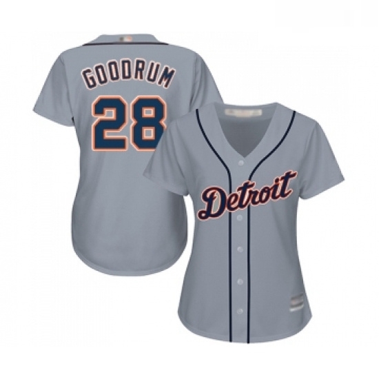 Womens Detroit Tigers 28 Niko Goodrum Replica Grey Road Cool Base Baseball Jersey Womens Detroit Tigers 28 Niko Goodrum Replica Grey Road Cool Base Baseball Jersey