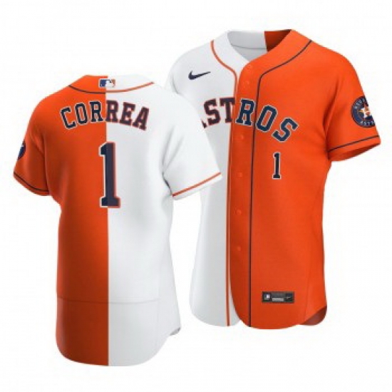 Men Houston Astros 1 Carlos Correa Split White Orange Two Tone Jersey Men Houston Astros 1 Carlos Correa Split White Orange Two Tone Jersey