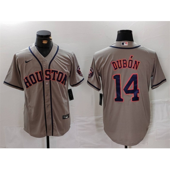 Men Houston Astros 14 Mauricio Dubon Grey Cool Base Stitched Baseball Jersey Men Houston Astros 14 Mauricio Dubon Grey Cool Base Stitched Baseball Jersey