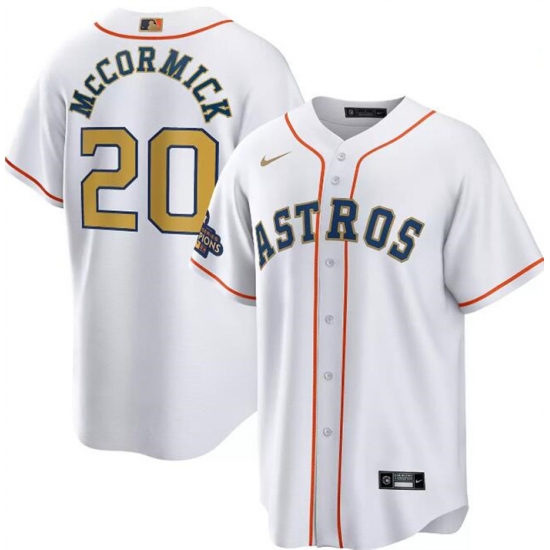 Men Houston Astros 20 Chas McCormick White 2023 Gold Collection With World Serise Champions Patch Cool Base Stitched Baseball Jersey Men Houston Astros 20 Chas McCormick White 2023 Gold Collection With World Serise Champions Patch Cool Base Stitched Baseball Jersey