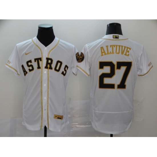Men Houston Astros 27 Jose Altuve 2020 White Golden Flex Base Stitched MLB Jersey Men Houston Astros 27 Jose Altuve 2020 White Golden Flex Base Stitched MLB Jersey