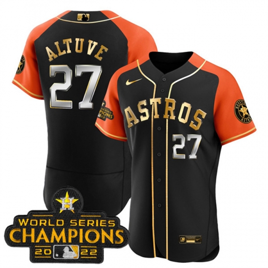 Men Houston Astros 27 Jose Altuve 2023 Black Gold V2 Alternate Flex Base Stitched Baseball Jersey Men Houston Astros 27 Jose Altuve 2023 Black Gold V2 Alternate Flex Base Stitched Baseball Jersey