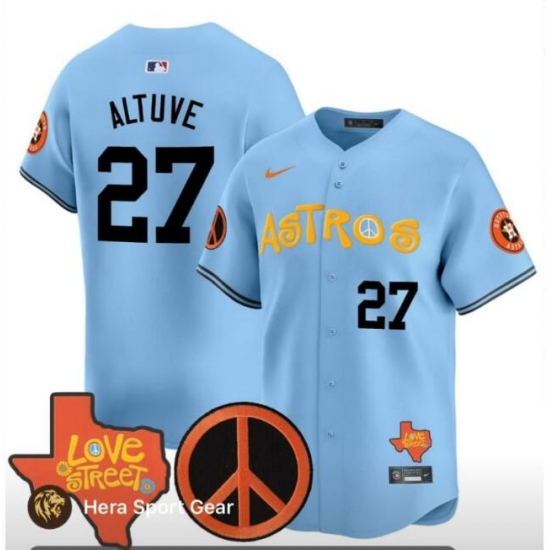 Men Houston Astros 27 Jose Altuve Blue Love Street Peace Sign Patch Limited Baseball Jersey Men Houston Astros 27 Jose Altuve Blue Love Street Peace Sign Patch Limited Baseball Jersey