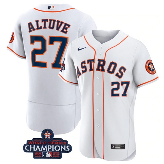 Men Houston Astros 27 Jose Altuve White 2022 World Series Champions Flex Base Stitched Baseball Jersey Men Houston Astros 27 Jose Altuve White 2022 World Series Champions Flex Base Stitched Baseball Jersey