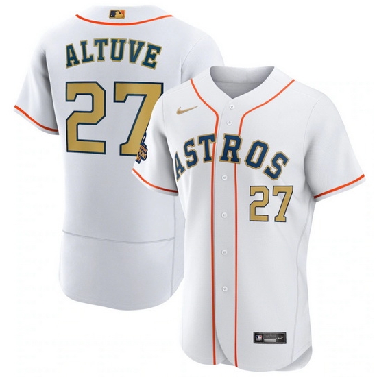 Men Houston Astros 27 Jose Altuve White 2023 Gold Collection With World Serise Champions Patch Stitched Baseball Jersey Men Houston Astros 27 Jose Altuve White 2023 Gold Collection With World Serise Champions Patch Stitched Baseball Jersey