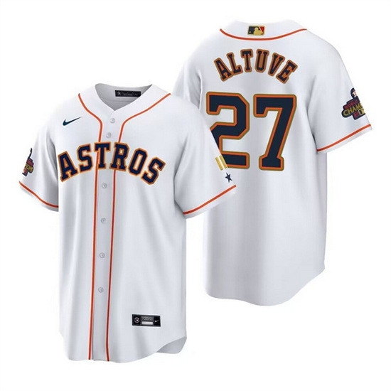 Men Houston Astros 27 Jose Altuve White Gold 2022 World Series Champions Stitched Baseball Jersey Men Houston Astros 27 Jose Altuve White Gold 2022 World Series Champions Stitched Baseball Jersey