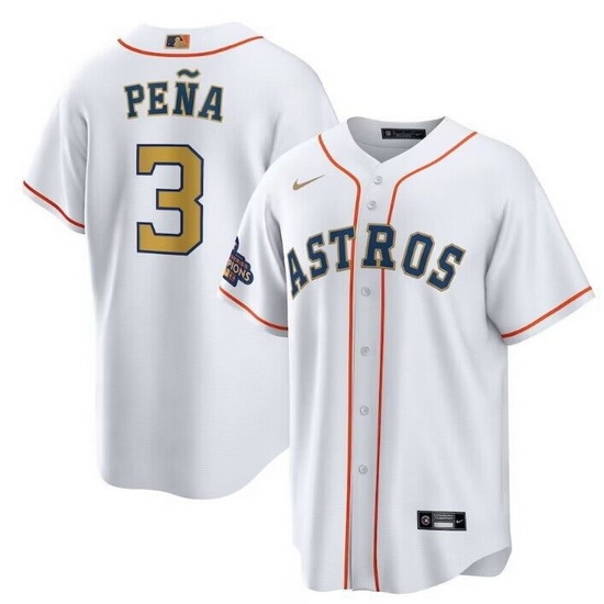 Men Houston Astros 3 Jeremy Pe F1a White 2023 Gold Collection With World Serise Champions Patch Cool Base Stitched Baseball Jersey Men Houston Astros 3 Jeremy Pe F1a White 2023 Gold Collection With World Serise Champions Patch Cool Base Stitched Baseball Jersey