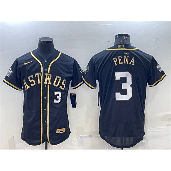 Men Houston Astros 3 Jeremy Pena Black Gold 2022 World Series Flex Base Stitched Jersey Men Houston Astros 3 Jeremy Pena Black Gold 2022 World Series Flex Base Stitched Jersey