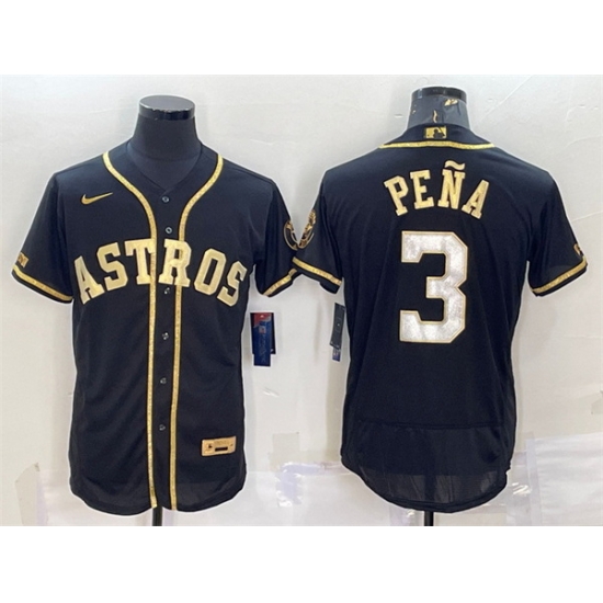Men Houston Astros 3 Jeremy Pena Black Gold Flex Base Stitched Jersey Men Houston Astros 3 Jeremy Pena Black Gold Flex Base Stitched Jersey