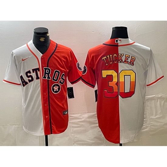 Men Houston Astros 30 Kyle Tucker White Orange Split With Patch Cool Base Stitched Baseball Jersey 1 Men Houston Astros 30 Kyle Tucker White Orange Split With Patch Cool Base Stitched Baseball Jersey 1