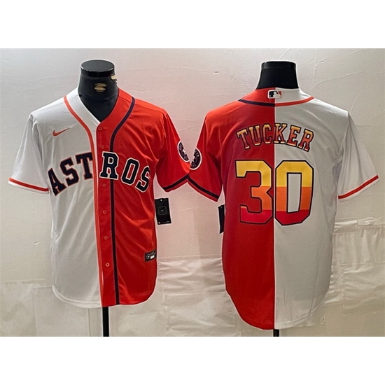 Men Houston Astros 30 Kyle Tucker White Orange Split With Patch Cool Base Stitched Baseball Jersey Men Houston Astros 30 Kyle Tucker White Orange Split With Patch Cool Base Stitched Baseball Jersey