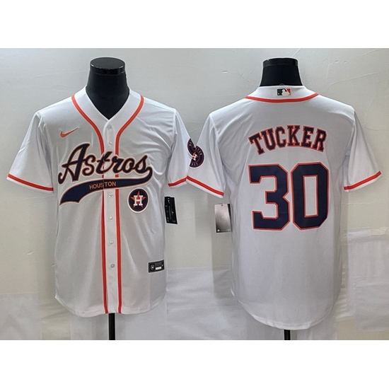 Men Houston Astros 30 Kyle Tucker White With Patch Cool Base Stitched Baseball Jersey Men Houston Astros 30 Kyle Tucker White With Patch Cool Base Stitched Baseball Jersey