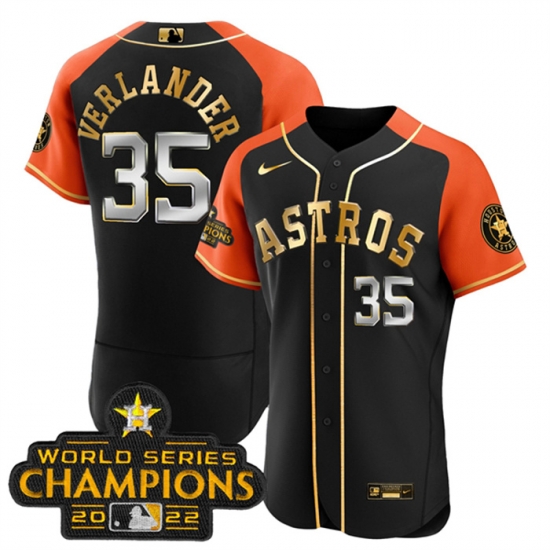 Men Houston Astros 35 Justin Verlander 2023 Black Gold V2 Alternate Flex Base Stitched Baseball Jersey Men Houston Astros 35 Justin Verlander 2023 Black Gold V2 Alternate Flex Base Stitched Baseball Jersey