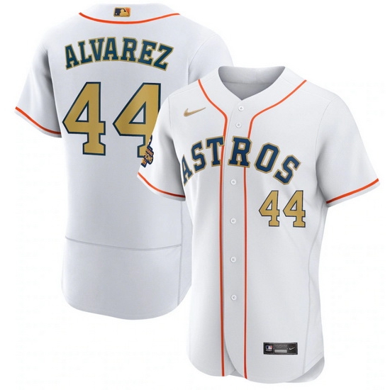 Men Houston Astros 44 Yordan Alvarez White 2023 Gold Collection With World Serise Champions Patch Stitched Baseball Jersey Men Houston Astros 44 Yordan Alvarez White 2023 Gold Collection With World Serise Champions Patch Stitched Baseball Jersey