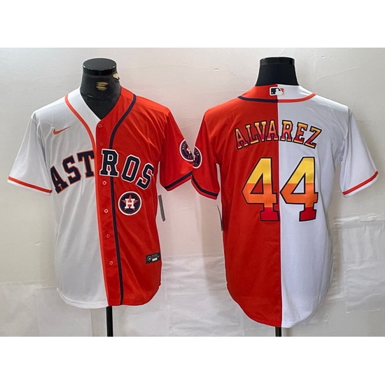 Men Houston Astros 44 Yordan Alvarez White Orange Split With Patch Cool Base Stitched Baseball Jersey 1 Men Houston Astros 44 Yordan Alvarez White Orange Split With Patch Cool Base Stitched Baseball Jersey 1
