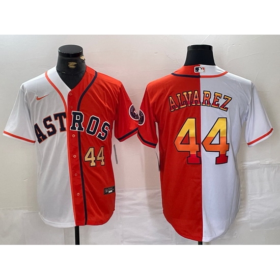 Men Houston Astros 44 Yordan Alvarez White Orange Split With Patch Cool Base Stitched Baseball Jersey 2 Men Houston Astros 44 Yordan Alvarez White Orange Split With Patch Cool Base Stitched Baseball Jersey 2