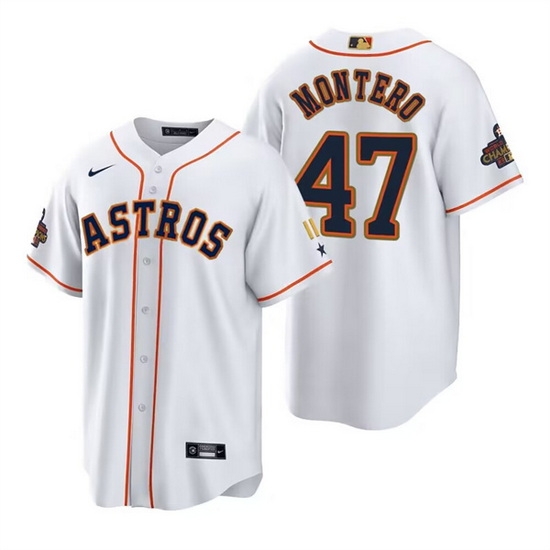 Men Houston Astros 47 Rafael Montero White Gold 2022 World Series Champions Stitched Baseball Jersey Men Houston Astros 47 Rafael Montero White Gold 2022 World Series Champions Stitched Baseball Jersey