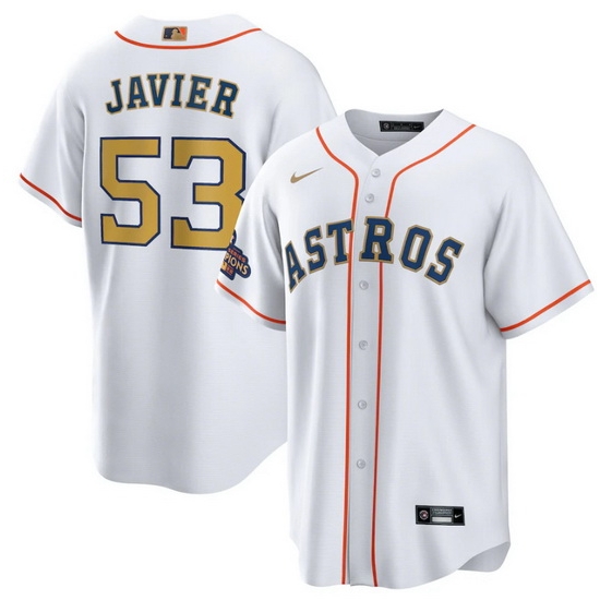 Men Houston Astros 53 Cristian Javier White 2023 Gold Collection With World Serise Champions Patch Cool Base Stitched Baseball Jersey Men Houston Astros 53 Cristian Javier White 2023 Gold Collection With World Serise Champions Patch Cool Base Stitched Baseball Jersey