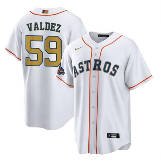 Men Houston Astros 59 Framber Valdez White Gold Cool Base Stitched Baseball Jersey Men Houston Astros 59 Framber Valdez White Gold Cool Base Stitched Baseball Jersey
